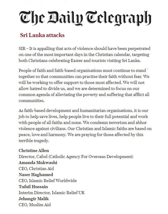 Muslim and Christian development agencies condemn Sri